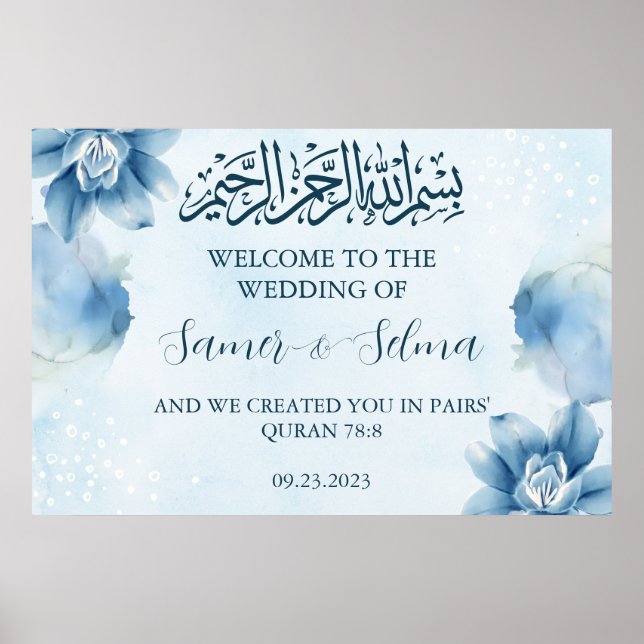 Poster Mariage musulman moderne Elégant Bleu Bienv (Devant)