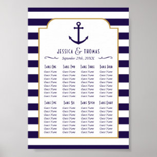 Poster Mariage Nautique Navy & Ancres à Rayures Blanches