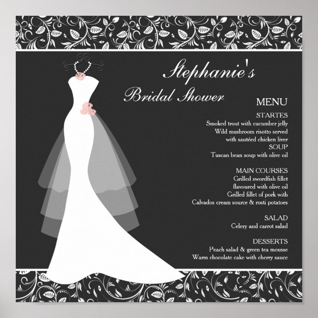 Poster Mariage noir blanc gobe, damask Menu (Devant)
