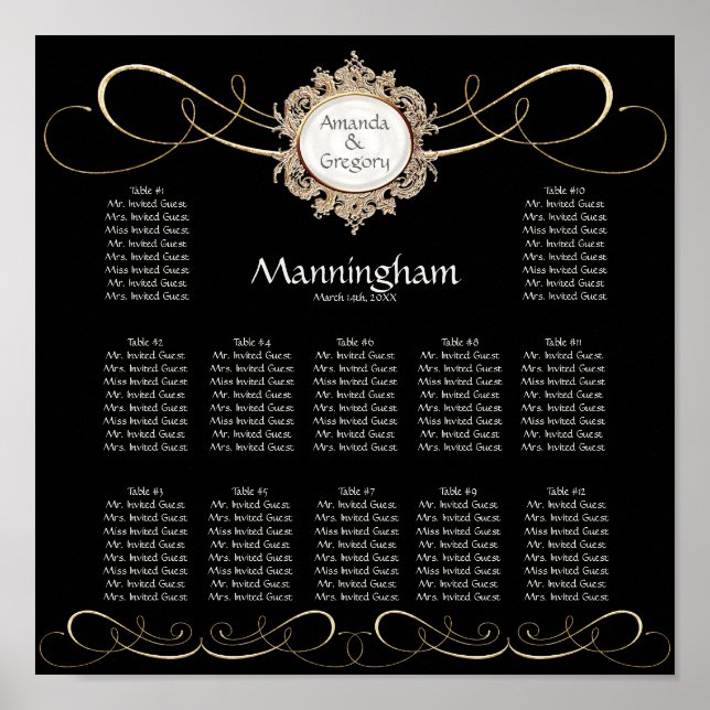 Poster Mariage noir simple Elegant Gold Swirl (Devant)