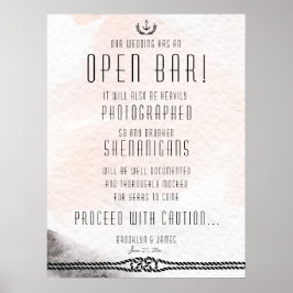 Poster Mariage Open Bar Sign 18x24 Watercolor Peach