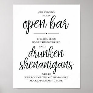 Poster Mariage Open Bar, signe shenanigans ivres
