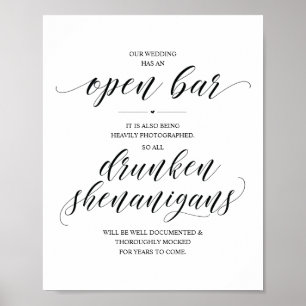 Poster Mariage Open Bar, signe shenanigans ivres