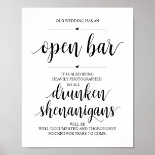 Poster Mariage Open Bar, signe shenanigans ivres