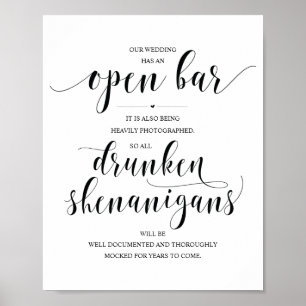 Poster Mariage Open Bar, signe shenanigans ivres
