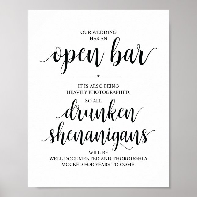 Poster Mariage Open Bar, signe shenanigans ivres (Devant)