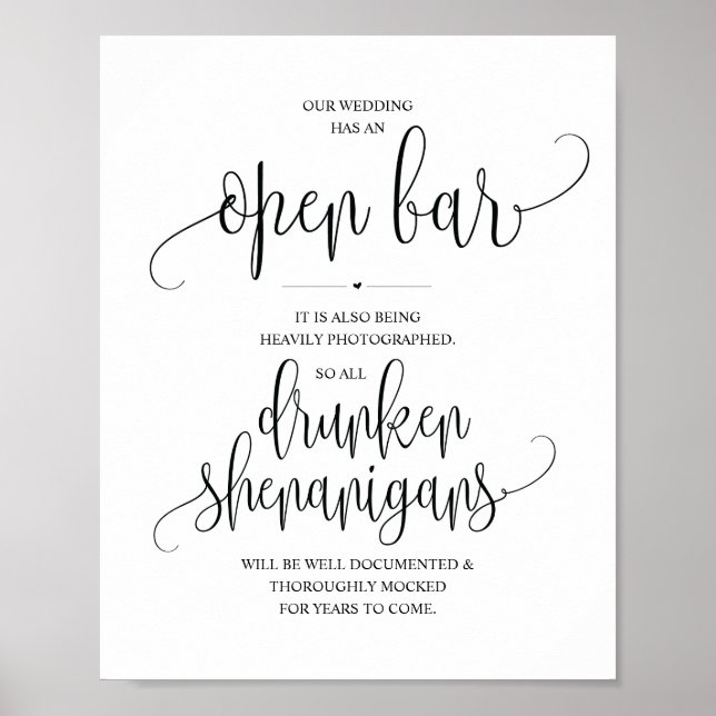 Poster Mariage Open Bar, signe shenanigans ivres (Devant)