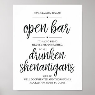 Poster Mariage Open Bar, signe shenanigans ivres
