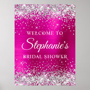 Poster Mariage Pailleté Argent Rose Chaud Feuille Bridal 