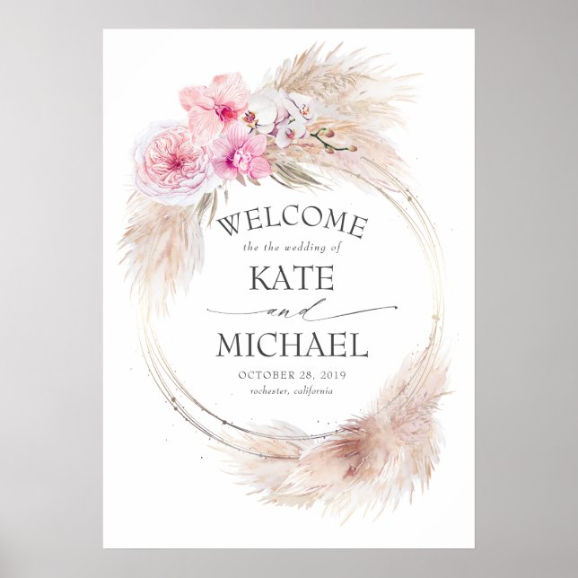 Poster Mariage Pampas Grass et Orchidées roses Bienvenue (Devant)