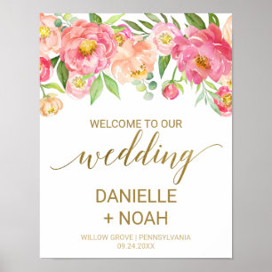 Poster Mariage Peach and Pink Peony Flowers Bienvenue