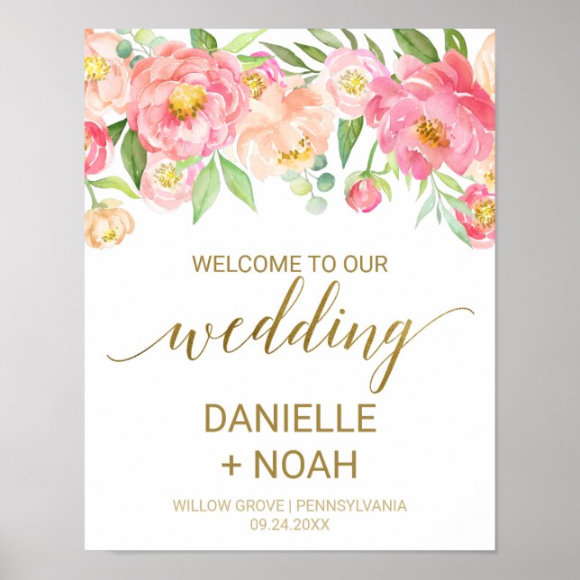 Poster Mariage Peach and Pink Peony Flowers Bienvenue (Devant)