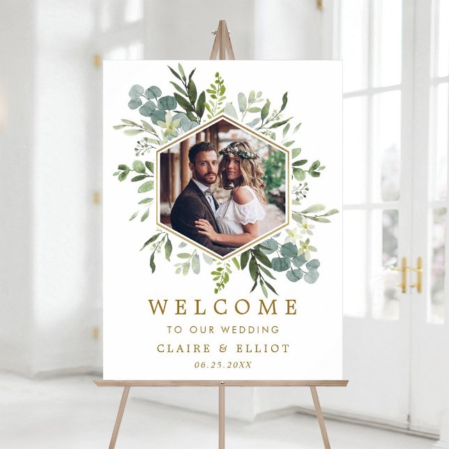 Poster Mariage photo Botanical Green Gold Hexagon Bienven (Créateur téléchargé)