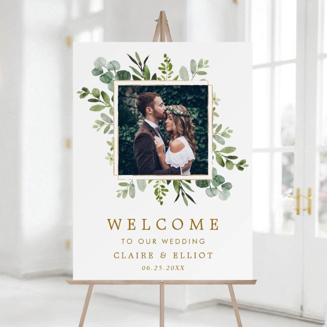 Poster Mariage photo Botanique Gold Green Wreath Bienvenu (Créateur téléchargé)