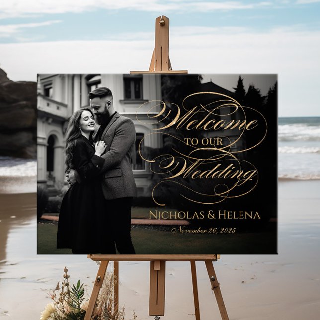 Poster Mariage photo signe de bienvenue élégant script or (Créateur téléchargé)