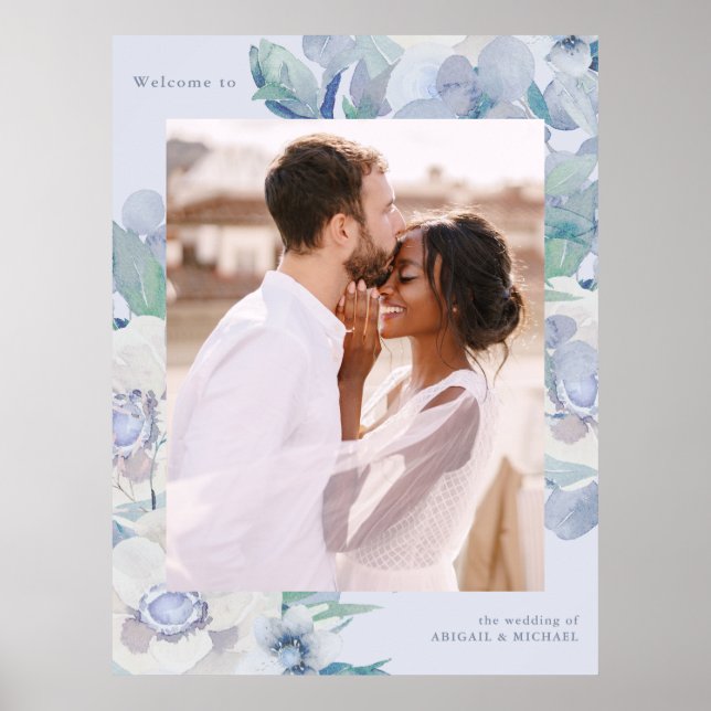 Poster Mariage photo simple bleu floral un accueil (Devant)