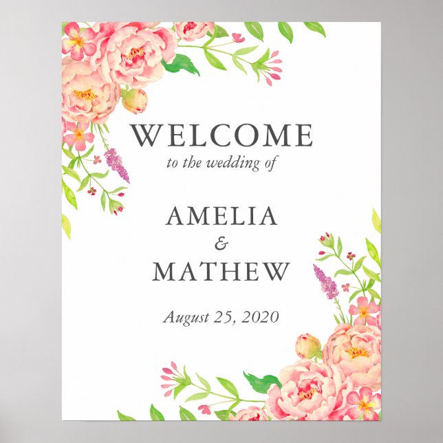 Poster Mariage Pink Peony Bienvenue (Devant)