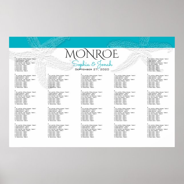 Poster Mariage Plage Bleu Starfish Grand Seating Chart (Devant)