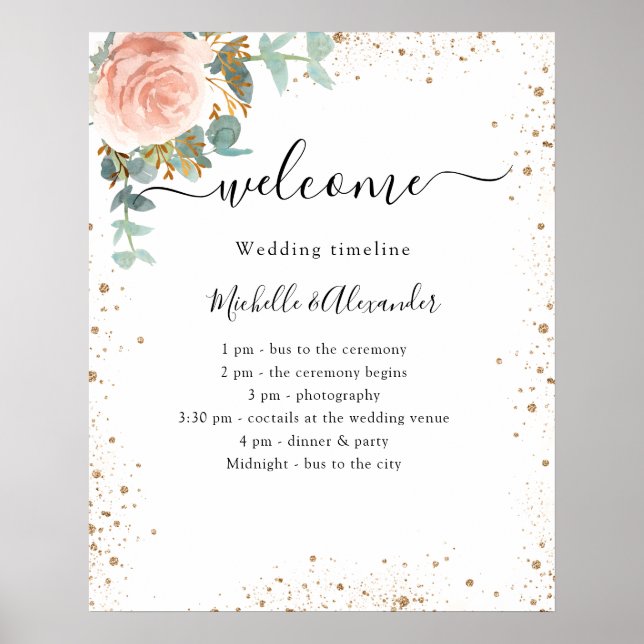 Poster Mariage programme chronologique rose or floral (Devant)