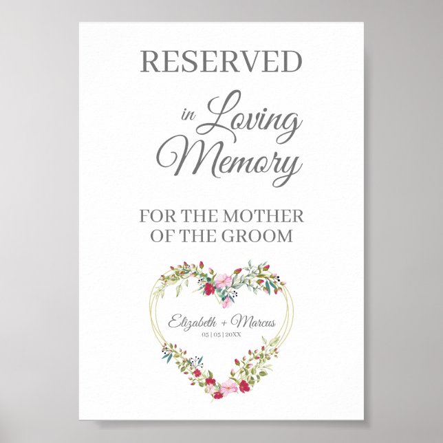 Poster Mariage Réservé Siège Amoureux Mémoire Floral Coeu (Devant)