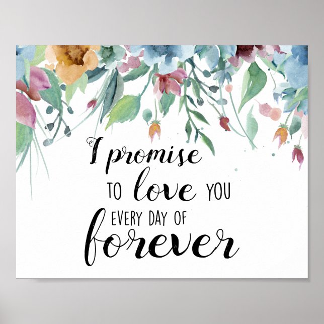Poster mariage romantique citation aquarelle fleurs bleu (Devant)