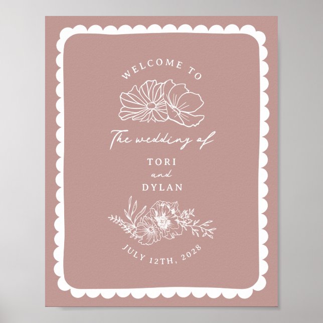 Poster Mariage rose de la frontière florale Bienvenue (Devant)