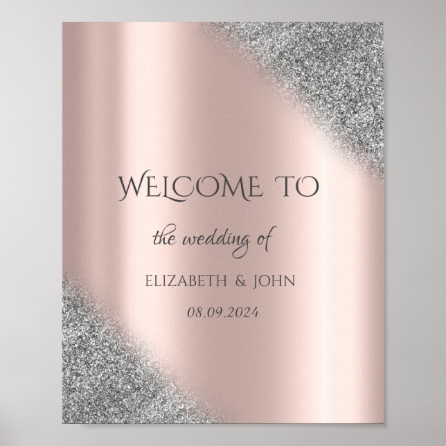 Poster Mariage Rose Gold Ombre Paillettes Argentées  (Devant)