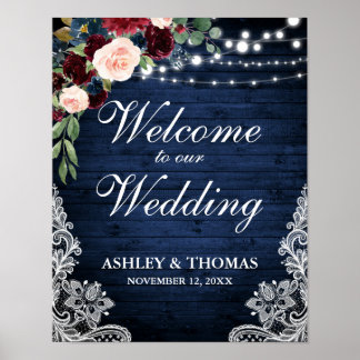Poster Mariage Rustique Bleu dentelle Burgundy Bleu Flora
