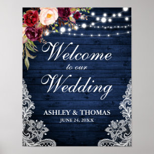 Poster Mariage Rustique Bleu Lumières Dentelle Bourgogne