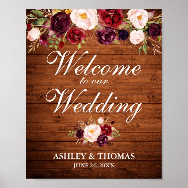 Poster Mariage Rustique Bois Bourgogne Floral Bienvenue (Devant)