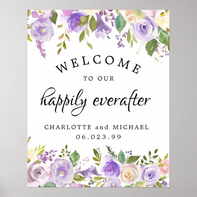 Poster Mariage rustique heureux Everafter violet Floral (Devant)