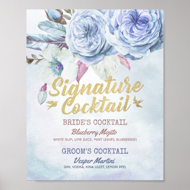 Poster Mariage Signature Boire Menu Boho Plumes florales (Devant)