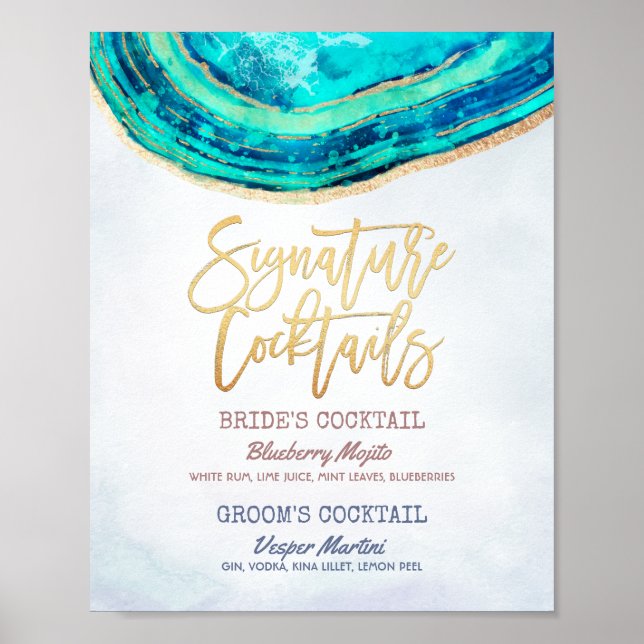 Poster Mariage Signature Boire Menu Turquoise Gold Agate  (Devant)