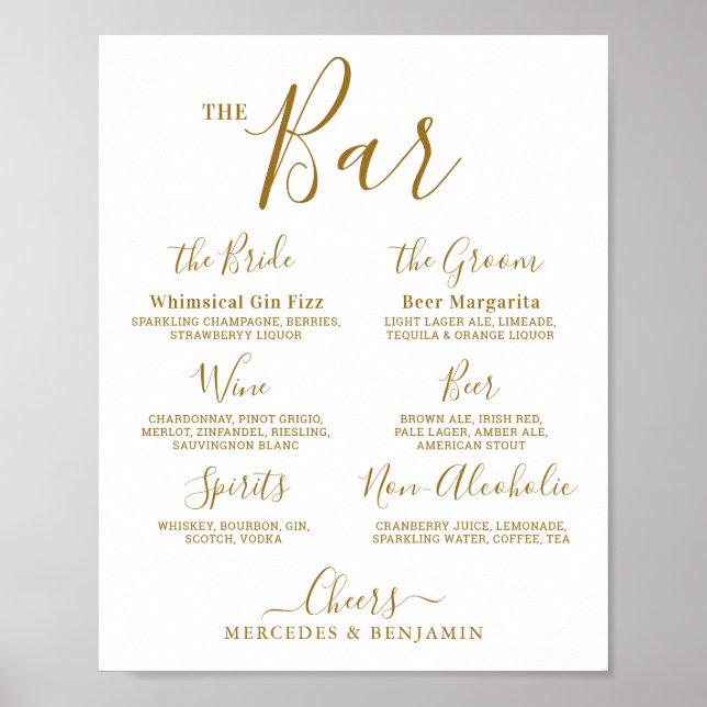 Poster Mariage Signature Boire personnalisé Gold Bar (Devant)