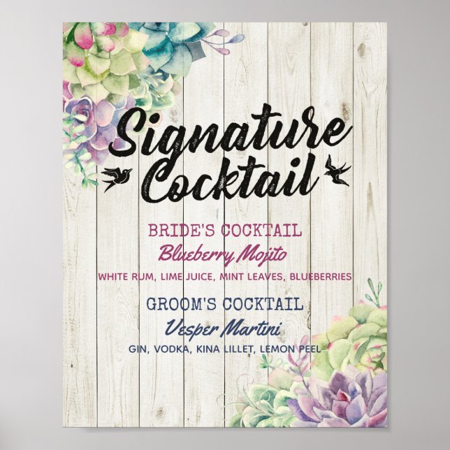 Poster Mariage Signature Boisson Menu Succulent Bois rust (Devant)