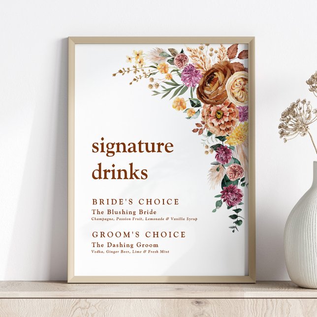 Poster Mariage Signature Boissons Rustique Boho Floral (Créateur téléchargé)