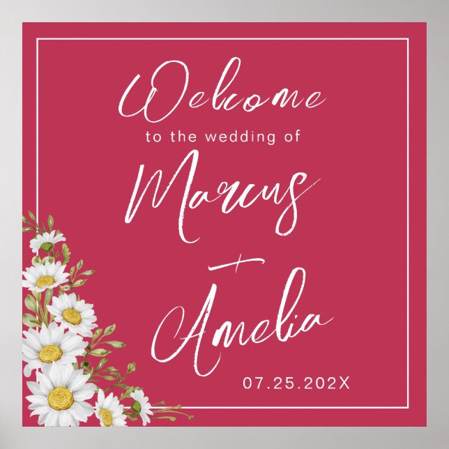 Poster Mariage tendance Magenta & White Daisies (Devant)
