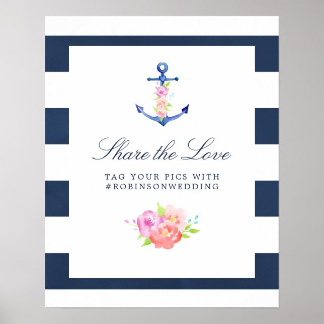 Poster Mariage Thème Floral Aquarelle et Nautique Hashtag (Devant)