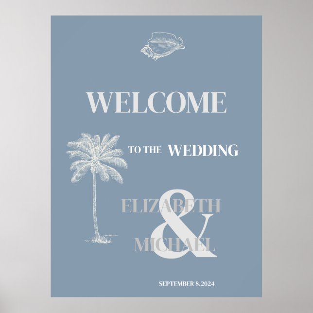 Poster Mariage tropical minimaliste Dusty Blue (Devant)