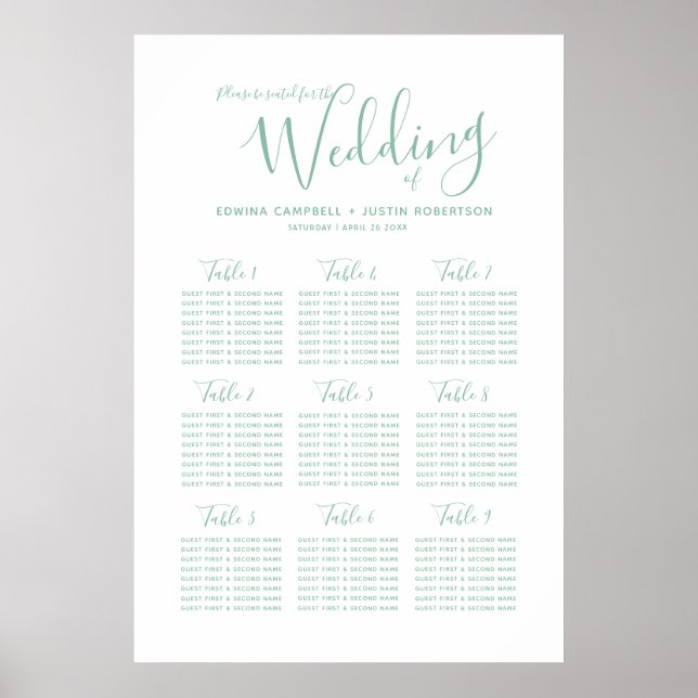Poster Mariage vert blanc simple script texte plan de tab (Devant)