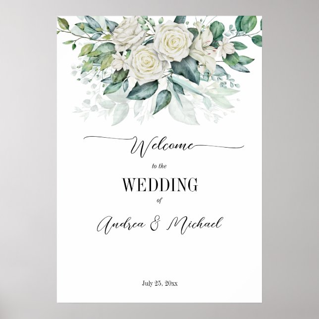 Poster Mariage vert eucalyptus blanc roses (Devant)