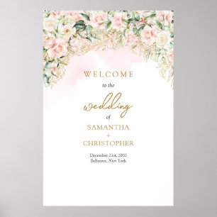 Poster Mariage vert or rose rose clair laiteux Bienvenue