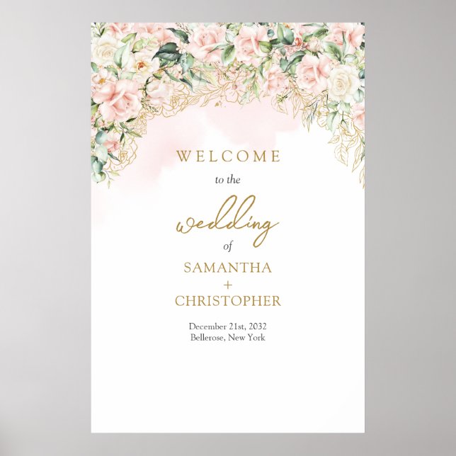 Poster Mariage vert or rose rose clair laiteux Bienvenue (Devant)