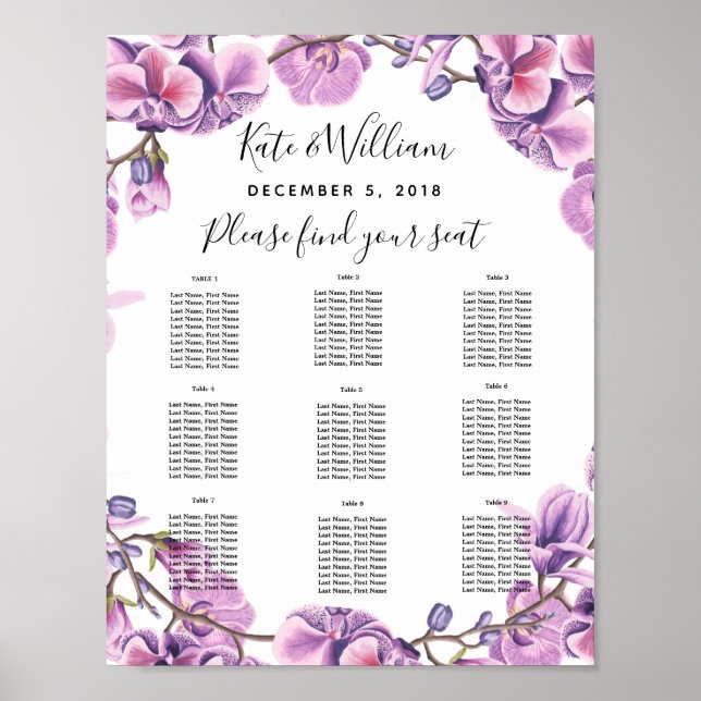 Poster mariage violet floral Table plan parti/mariage (Devant)