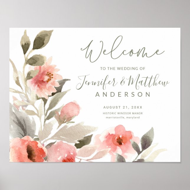 Poster Mariage Welcome Aquarelle Blush Rose Floral Sign (Devant)