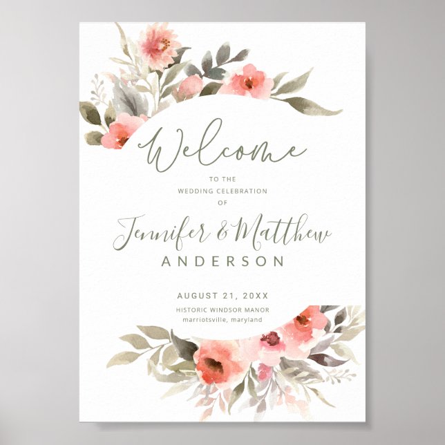 Poster Mariage Welcome Aquarelle Blush Rose Panneau de co (Devant)