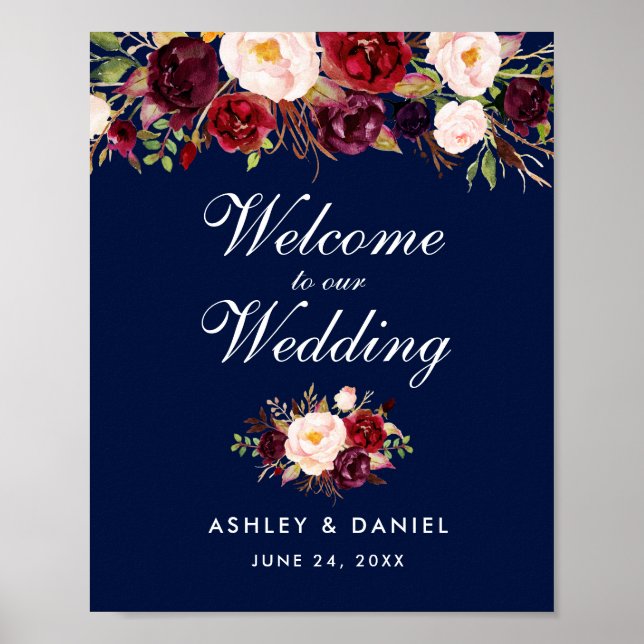 Poster Mariage Welcome Aquarelle Florale Bourgogne Bleu (Devant)