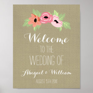 Poster Mariage Welcome Custom Sign Burlap Spring Floral