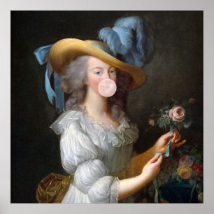 Poster Marie Antoinette soufflant une gomme à bulle rose