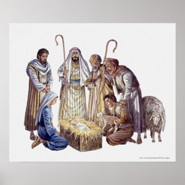 Poster Marie, Joseph et bergers entourant le bébé Jésus (Devant)